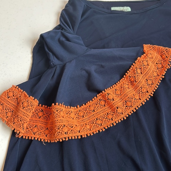 Judith March navy straight line dress 3/4 orange crochet bell sleeves lined boho - Picture 14 of 16